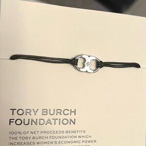 Tory Burch Black Cord Bracelet with Silver Logo Charm